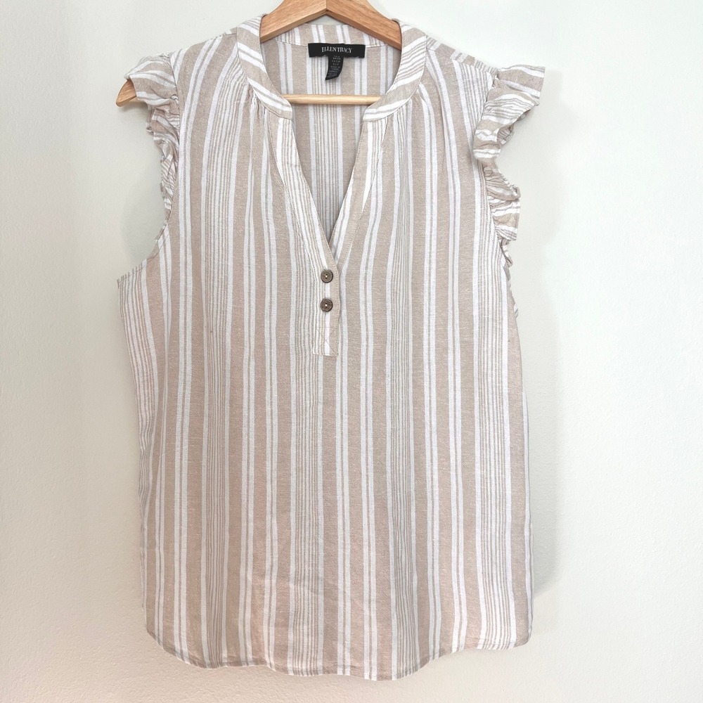 Ellen Tracy Womens Tan White Striped Linen Blend Ruffle Sleeve Blouse ETWS4024 S